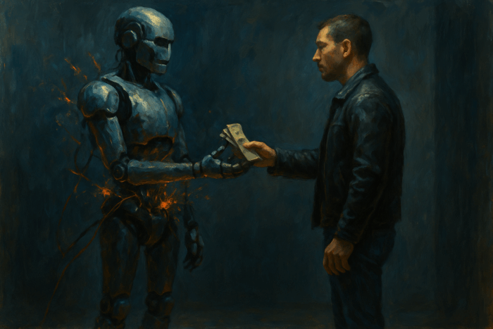 человек передает деньги роботу, но робот похоже уже сломан